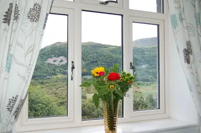 a vase filled with flowers sitting in a window at Fegla Fawr - Rustic, rural farmhouse near Barmouth in Arthog