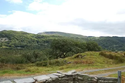 a dirt road on a grassy hill with mountains at Fegla Fawr - Rustic, rural farmhouse near Barmouth in Arthog
