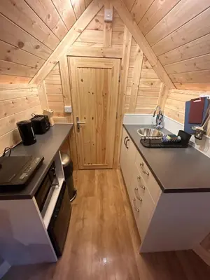 a kitchen with a stove and a sink in a cabin at Clogau Tree House Hot tub &sauna in Penmaenpool