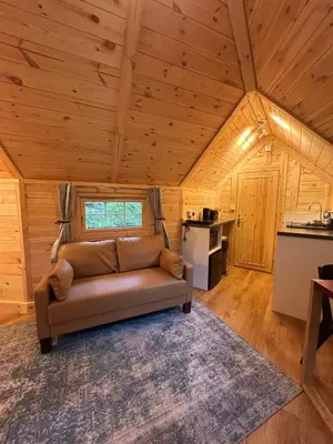 a living room with a couch in a cabin at Clogau Tree House Hot tub &sauna in Penmaenpool