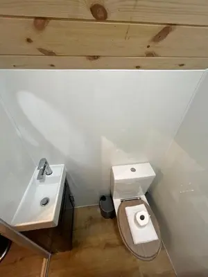 a small bathroom with a toilet and a sink at Clogau Tree House Hot tub &sauna in Penmaenpool