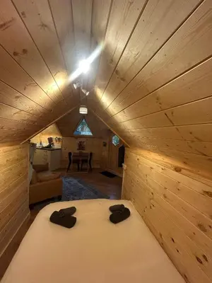 a room with a bed in a wooden cabin at Clogau Tree House Hot tub &sauna in Penmaenpool