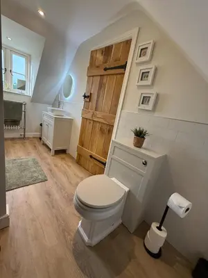a bathroom with a white toilet and a sink at Minafon Loft in Meifod
