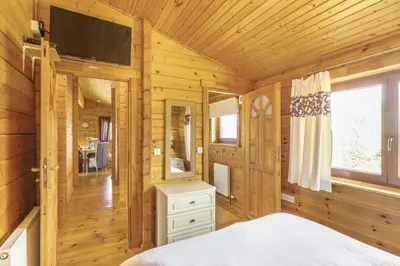 a bedroom in a log cabin with a bed and a tv at 2 Bed in Llandinam oc-t32993 in Llandinam
