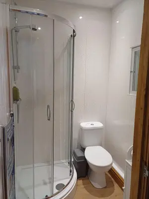 a bathroom with a toilet and a glass shower at llew coch in Tregaron