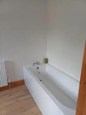 a white bath tub in a room with a wooden floor at llew coch in Tregaron