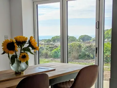 a vase of sunflowers sitting on a table with a window at Ty Isaf Welsh Farmhouse with Sea Views in Llanddwywe