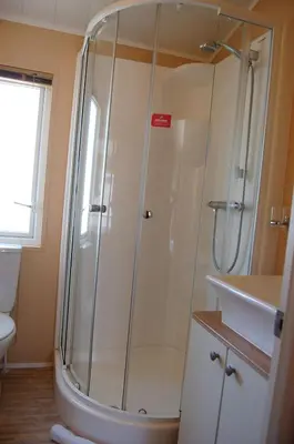 a shower in a bathroom with a toilet and a sink at Morannedd Lodge Barmouth Bay in Llanddwywe