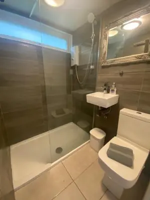 a bathroom with a shower and a toilet and a sink at Chalet 8 Erw Porthor Happy valley in Tywyn