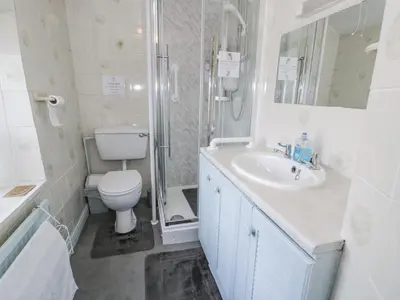 a bathroom with a toilet and a sink and a shower at Old Post Office in Maentwrog