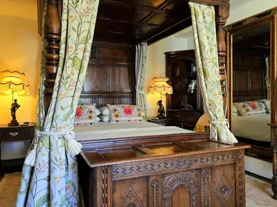 a bedroom with a canopy bed and a mirror at The Firecat Country House Guesthouse in Mallwyd