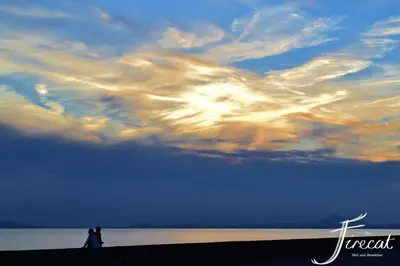 a person walking on the beach under a cloudy sky at The Firecat Country House Guesthouse in Mallwyd