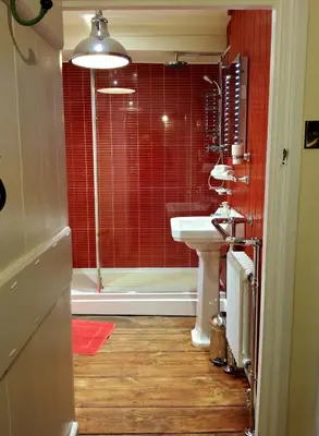 a bathroom with a sink and a shower with red tiles at The Firecat Country House Guesthouse in Mallwyd
