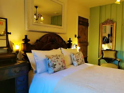 a bedroom with a white bed with pillows and a mirror at The Firecat Country House Guesthouse in Mallwyd