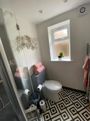 a bathroom with a toilet and a shower and a window at Studio Twelve in Brecon
