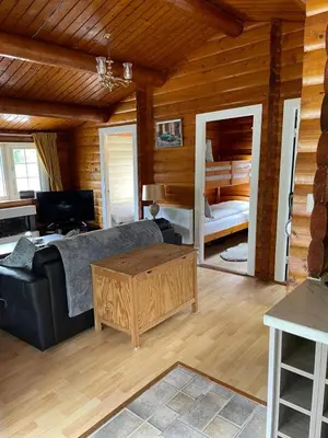 a living room with a couch and a table at IVY Cabin in Trawsfynydd