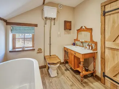 a bathroom with a toilet and a sink and a mirror at Rustic Retreat in Llangadog