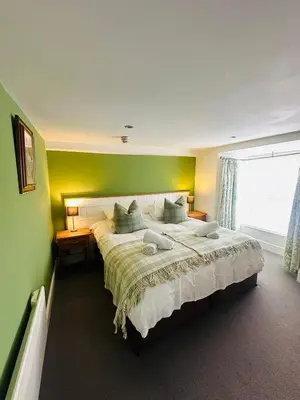 a bedroom with a large bed with a green wall at Y Meirionnydd Boutique Hotel in Dolgellau