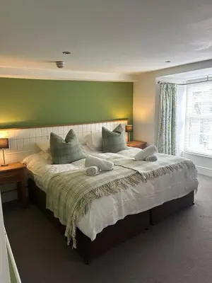a bedroom with a large bed with a green wall at Y Meirionnydd Boutique Hotel in Dolgellau