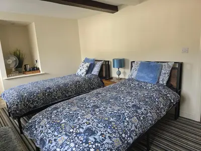 two beds sitting next to each other in a bedroom at Twin Room - The Unicorn Hotel in Llanidloes