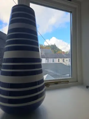 a blue and white vase sitting on a window sill at Twin Room - The Unicorn Hotel in Llanidloes