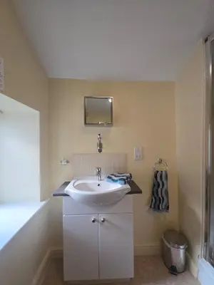 a bathroom with a sink and a mirror at Twin Room - The Unicorn Hotel in Llanidloes
