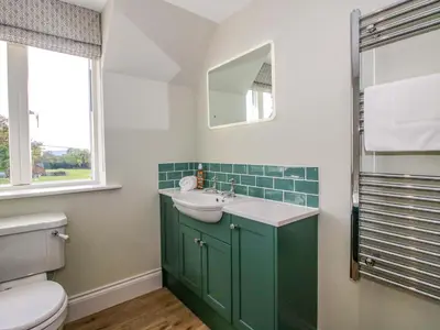 a green bathroom with a sink and a toilet at Hoddell Pitch Cottage in Presteigne