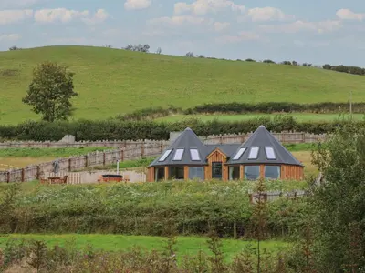 a house in a field with a hill in the background at Yr Awen - Inspiration in Lampeter