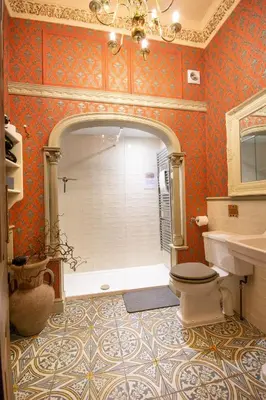a bathroom with a shower and a toilet at Salem The Blue Chapel in Llwyngwril