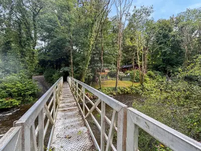 a wooden bridge over a river with trees at The Owl's Nest - Uk50546 in Machynlleth