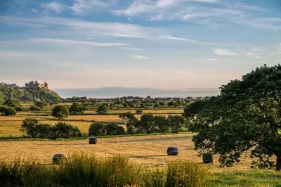 a field with hay bales in it with a castle in the background at Bryn-Yr-Aur in Llanfair