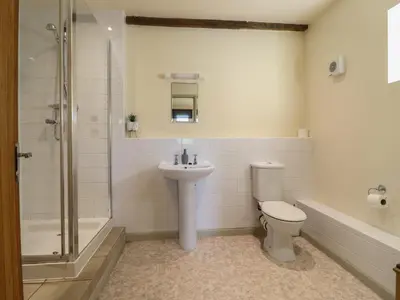 a bathroom with a toilet and a sink and a shower at Upper Pandy Farm in Welshpool