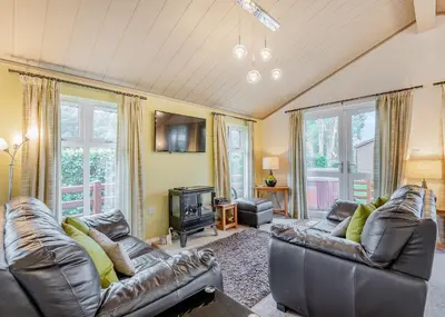 a living room with two leather couches and a fireplace at Beautiful Home In Bala, Gwynedd W in Llanfor