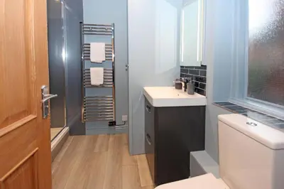 a bathroom with a white toilet and a sink at St John's Hill Apartments in Shrewsbury