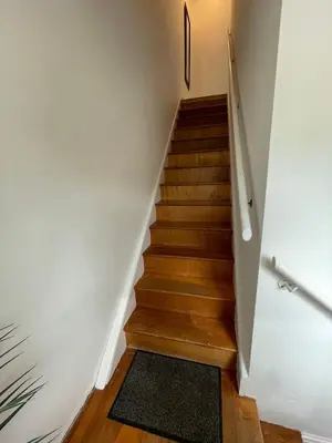 a stairwell with wooden stairs and a rug at Calm country cottage in Elerch