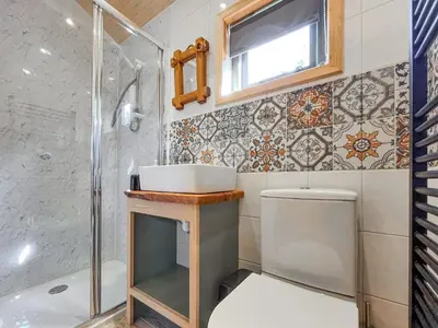 a bathroom with a sink and a shower and a toilet at Blodwen - Ukc7016 in Corwen
