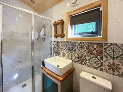 a bathroom with a sink and a shower at Blodwen - Ukc7016 in Corwen