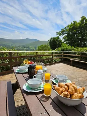 a table with a bowl of bread and glasses of orange juice at Traditional Welsh Longbarn in Aber-Brân