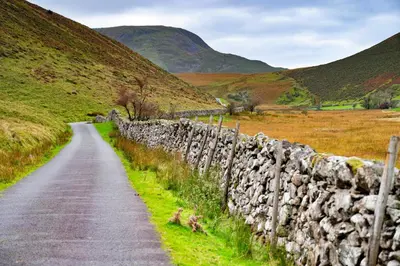 a road in a field next to a stone wall at Finest Retreats - Pandy Farmhouse in Dolgellau
