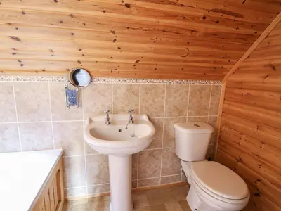 a bathroom with a toilet and a sink at Pen Y Clawdd in Presteigne