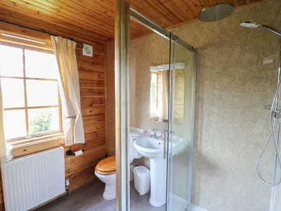 a bathroom with a shower and a toilet and a sink at Pen Y Clawdd in Presteigne
