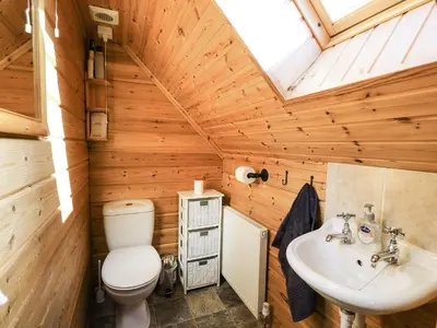 a bathroom with a toilet and a sink at Dan Y Coed in Presteigne