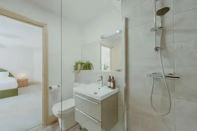 a bathroom with a shower and a sink and a toilet at The Catnap Suite in Shrewsbury