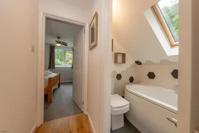 a bathroom with a toilet and a sink at Erw-Fair in Arthog