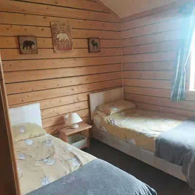 a room with two beds in a log cabin at Deer Cabin-hot tub-dog friendly-mountain view in Llanbrynmair