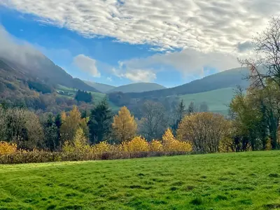 a green field with trees and mountains in the background at Penrhyllan