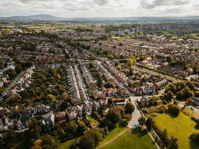 an aerial view of a city with houses at Cherry Tree House in Shrewsbury