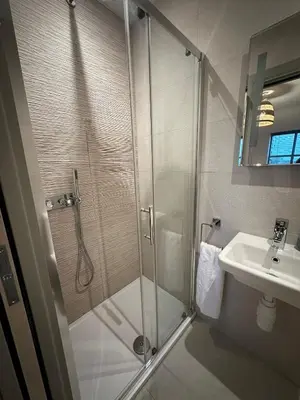 a bathroom with a shower and a sink at Woodland View House in Norton Canon