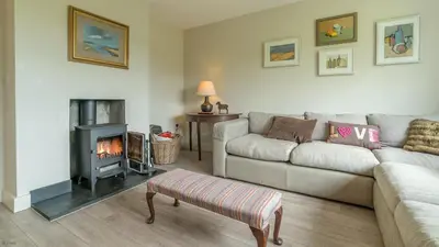 a living room with a couch and a fireplace at Hendre-Llangwm in Llangwm