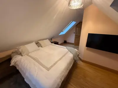 a bedroom with a bed and a flat screen tv at Nantsidyll Farm Spa & Holiday Lodges in Mydroilin